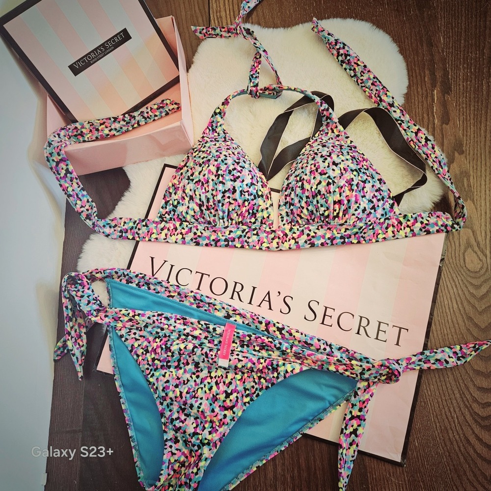 Victoria's Secret L Confetti Print Bikini Set Multicolor Halter Tie Side-Tie Y2K